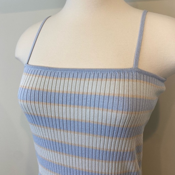 Zara Midi Pastel Striped Ribbed Knit Dress Blue White Beige Spaghetti Strap Sz L - Picture 3 of 16